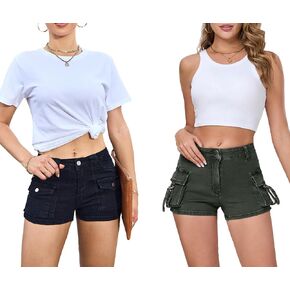 مجموعة شورتات جينز نسائية قابلة للتمدد - تتضمن قطعة واحدة من شورتات الدينيم النسائية السوداء وقطعة واحدة من شورتات كارجو صغيرة من الجينز باللون الأخضر العسكري، مقاس كبير in Kuwait