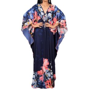 فستان قفطان نسائي بأكمام تشبه جناح الخفاش، فساتين طويلة من Moo Moos مطبوع عليها زهور، فستان قفطان للشاطئ، ملابس للاستلقاء in Kuwait