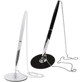 Chain Design Metal Writing Pens with Desktop Fixed Base, 2pcs Set Black and Silver Office Hotel Writing Counter Pens for Business Signing in Kuwait