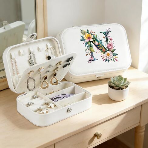 Monogram Jewelry Box Portable Print Jewelry Box, Black Compact Jewelry Box Travel Jewelry Case Travel Case Organizer Bag Storage Box Jewelry Holder For Necklace Earrings Rings Bracelet (Letter N) in Saudi Arabia