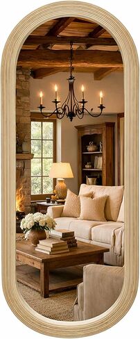 مرآة بيضاوية كاملة الطول مثبتة على الحائط مقاس 20 × 52 بوصة، إطار شريط من الخيزران الطبيعي المنسوج يدويًا، مرآة بنمط ساحلي بوهو للمدخل وغرفة النوم وغرفة الملابس والتعليق الرأسي والأفقي in Kuwait