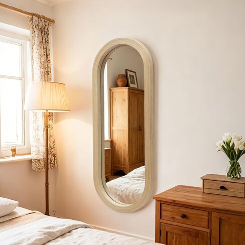 مرآة بيضاوية كاملة الطول مثبتة على الحائط مقاس 20 × 52 بوصة، إطار شريط من الخيزران الطبيعي المنسوج يدويًا، مرآة بنمط ساحلي بوهو للمدخل وغرفة النوم وغرفة الملابس والتعليق الرأسي والأفقي in Kuwait