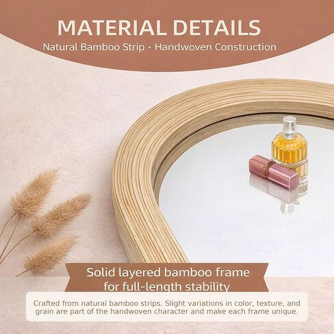 مرآة بيضاوية كاملة الطول مثبتة على الحائط مقاس 20 × 52 بوصة، إطار شريط من الخيزران الطبيعي المنسوج يدويًا، مرآة بنمط ساحلي بوهو للمدخل وغرفة النوم وغرفة الملابس والتعليق الرأسي والأفقي in Kuwait