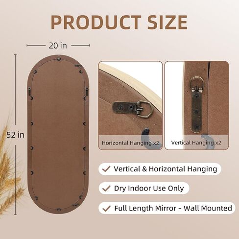 مرآة بيضاوية كاملة الطول مثبتة على الحائط مقاس 20 × 52 بوصة، إطار شريط من الخيزران الطبيعي المنسوج يدويًا، مرآة بنمط ساحلي بوهو للمدخل وغرفة النوم وغرفة الملابس والتعليق الرأسي والأفقي in Kuwait