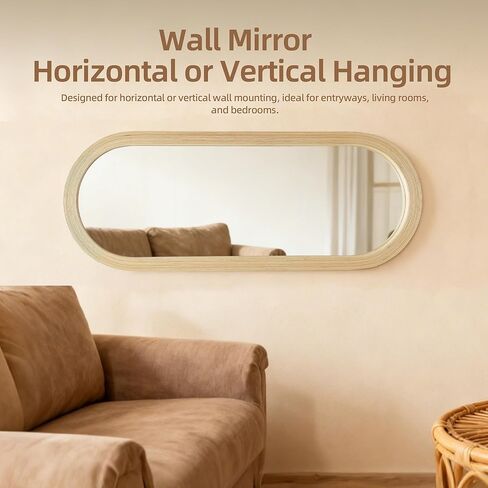 مرآة بيضاوية كاملة الطول مثبتة على الحائط مقاس 20 × 52 بوصة، إطار شريط من الخيزران الطبيعي المنسوج يدويًا، مرآة بنمط ساحلي بوهو للمدخل وغرفة النوم وغرفة الملابس والتعليق الرأسي والأفقي in Kuwait