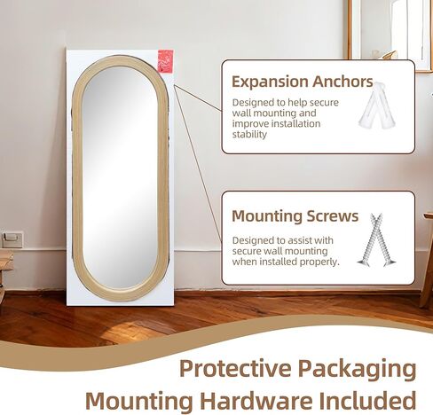 مرآة بيضاوية كاملة الطول مثبتة على الحائط مقاس 20 × 52 بوصة، إطار شريط من الخيزران الطبيعي المنسوج يدويًا، مرآة بنمط ساحلي بوهو للمدخل وغرفة النوم وغرفة الملابس والتعليق الرأسي والأفقي in Kuwait