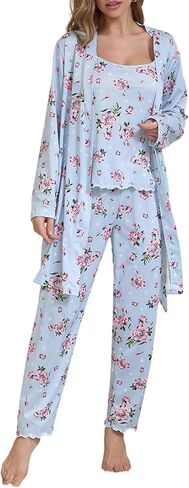طقم بيجامات نسائي مكون من 3 قطع طقم صالة الأزهار كارديجان كامي توب وسراويل طويلة Pjs ملابس نوم مريحة وحلوة in Kuwait