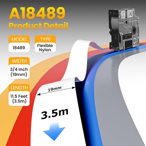 استبدل شريط ملصقات DYMO 18489 Rhino 3/4 بوصة من النايلون الصناعي المرن 19 مم A18489 لـ DYMO Rhino 4200، 5200، 5000، 6000 صانع الملصقات، 3/4 بوصة × 11.5 بوصة، 4 عبوات، أسود على أبيض in Kuwait
