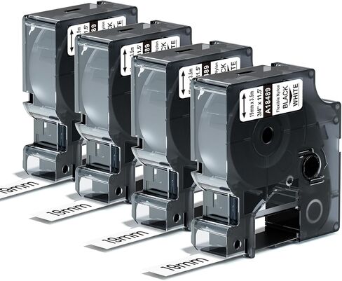 استبدل شريط ملصقات DYMO 18489 Rhino 3/4 بوصة من النايلون الصناعي المرن 19 مم A18489 لـ DYMO Rhino 4200، 5200، 5000، 6000 صانع الملصقات، 3/4 بوصة × 11.5 بوصة، 4 عبوات، أسود على أبيض in Kuwait