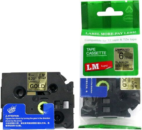 LM Tapes - Premium 1/4" (6mm) Black on Reflective Gold Compatible TZe P-Touch Tape for use with Brother PT-H100, PTH100, PT-H110, PTH110 Ptouch Label Printer Includes Tape Size/Color Guide. in Kuwait