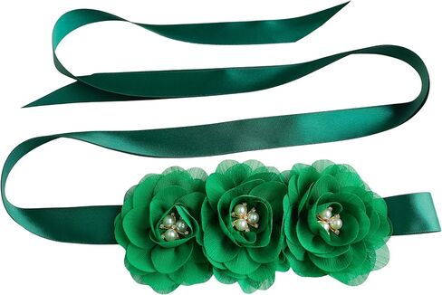 Hunter Green Chiffon Flower Girl Sash Belt,Pearls Sash Beltsfor Bridesmaid Dresses in Kuwait