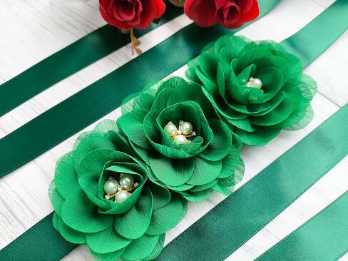 Hunter Green Chiffon Flower Girl Sash Belt,Pearls Sash Beltsfor Bridesmaid Dresses in Kuwait