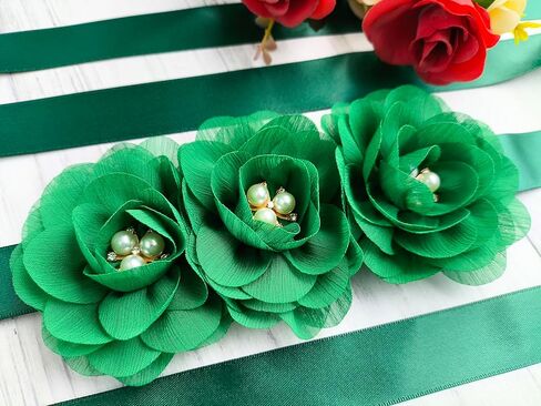 Hunter Green Chiffon Flower Girl Sash Belt,Pearls Sash Beltsfor Bridesmaid Dresses in Kuwait