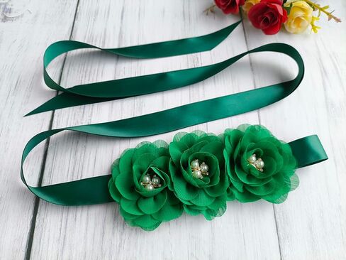 Hunter Green Chiffon Flower Girl Sash Belt,Pearls Sash Beltsfor Bridesmaid Dresses in Kuwait