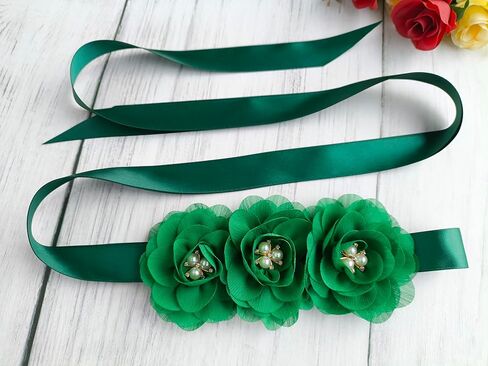 Hunter Green Chiffon Flower Girl Sash Belt,Pearls Sash Beltsfor Bridesmaid Dresses in Kuwait