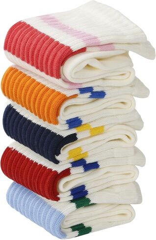 Brand Men Women Seamless Toe Crew Socks 5 Packs, Light Cream Striped, Casual Comfort in Saudi Arabia