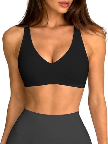 Womens Deep V-Neck Sports Bra Buttery Soft Wireless U-Shaped Open Back Workout Yoga Bra with Removable Padded in Saudi Arabia