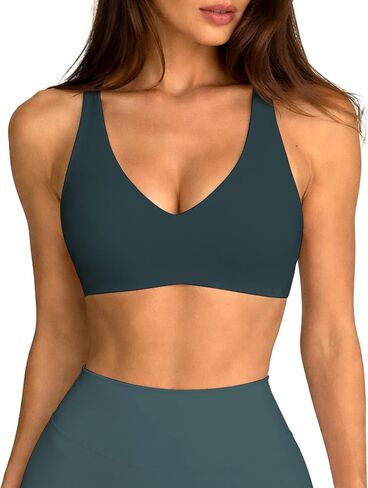 Womens Deep V-Neck Sports Bra Buttery Soft Wireless U-Shaped Open Back Workout Yoga Bra with Removable Padded in Saudi Arabia