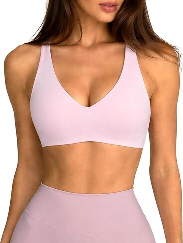Womens Deep V-Neck Sports Bra Buttery Soft Wireless U-Shaped Open Back Workout Yoga Bra with Removable Padded in Saudi Arabia