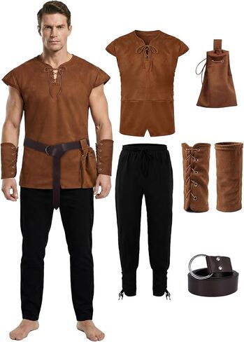 Renaissance Medieval Costume for Men – 5 Pcs Norse Viking Pirate Costume Set, Halloween Cosplay Outfit in Kuwait
