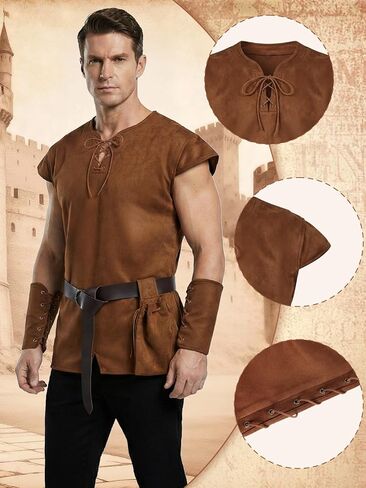 Renaissance Medieval Costume for Men – 5 Pcs Norse Viking Pirate Costume Set, Halloween Cosplay Outfit in Kuwait