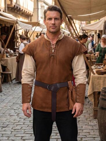 Renaissance Medieval Costume for Men – 5 Pcs Norse Viking Pirate Costume Set, Halloween Cosplay Outfit in Kuwait