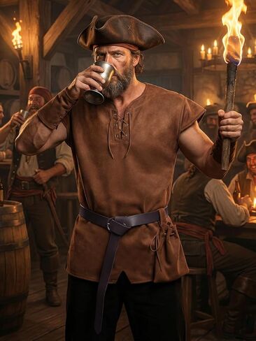 Renaissance Medieval Costume for Men – 5 Pcs Norse Viking Pirate Costume Set, Halloween Cosplay Outfit in Kuwait