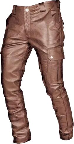 Men's Loose Fit Faux Leather Pants Multi Pocket Biker Trousers Casual Motorcycle Daily Wear Plus Size Pants in Saudi Arabia