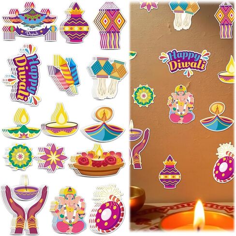64 PCS Happy Diwali Cutouts Bulletin Board Decorations Indian Festival of Lights Cut-Outs Cardboard Paper Cutting Decoration with Glue Points for Hindu Deepavali Diwali Party Favor in Saudi Arabia