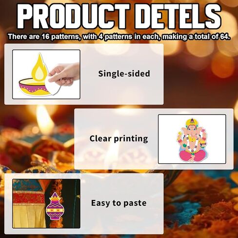 64 PCS Happy Diwali Cutouts Bulletin Board Decorations Indian Festival of Lights Cut-Outs Cardboard Paper Cutting Decoration with Glue Points for Hindu Deepavali Diwali Party Favor in Saudi Arabia