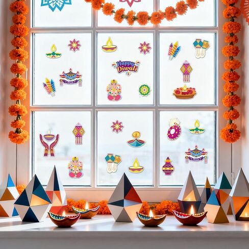64 PCS Happy Diwali Cutouts Bulletin Board Decorations Indian Festival of Lights Cut-Outs Cardboard Paper Cutting Decoration with Glue Points for Hindu Deepavali Diwali Party Favor in Saudi Arabia