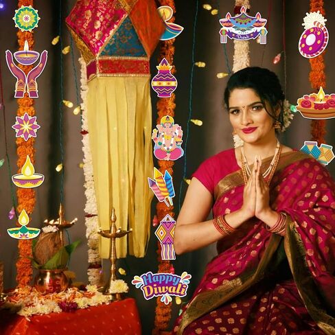 64 PCS Happy Diwali Cutouts Bulletin Board Decorations Indian Festival of Lights Cut-Outs Cardboard Paper Cutting Decoration with Glue Points for Hindu Deepavali Diwali Party Favor in Saudi Arabia