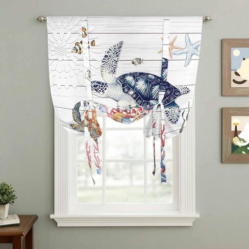 Blue Sea Turtle Coastal Tie Up Curtains for Window, Summer Beach Coral Shell Wooden Thermal Insulated Balloon Shade Adjustable Rod Pocket Curtains Valance Panels for Kitchen Bathroom Café 52'' x 45'' in Saudi Arabia