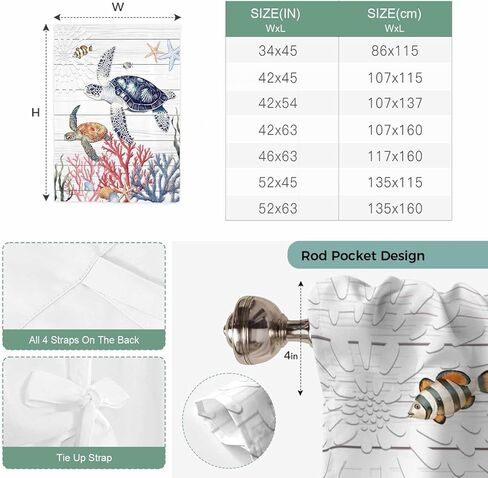Blue Sea Turtle Coastal Tie Up Curtains for Window, Summer Beach Coral Shell Wooden Thermal Insulated Balloon Shade Adjustable Rod Pocket Curtains Valance Panels for Kitchen Bathroom Café 52'' x 45'' in Saudi Arabia
