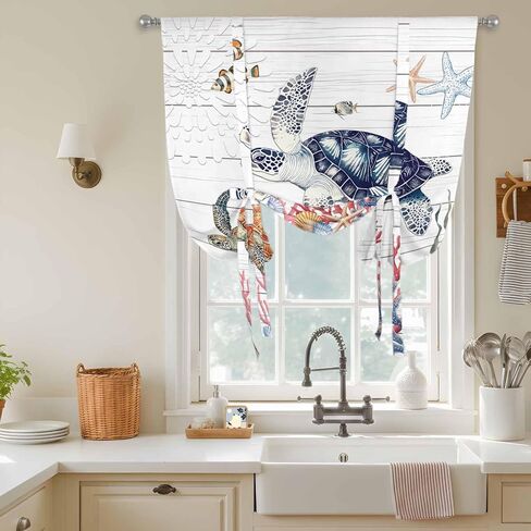 Blue Sea Turtle Coastal Tie Up Curtains for Window, Summer Beach Coral Shell Wooden Thermal Insulated Balloon Shade Adjustable Rod Pocket Curtains Valance Panels for Kitchen Bathroom Café 52'' x 45'' in Saudi Arabia