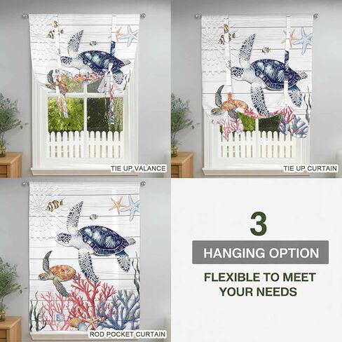 Blue Sea Turtle Coastal Tie Up Curtains for Window, Summer Beach Coral Shell Wooden Thermal Insulated Balloon Shade Adjustable Rod Pocket Curtains Valance Panels for Kitchen Bathroom Café 52'' x 45'' in Saudi Arabia