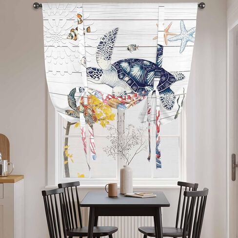 Blue Sea Turtle Coastal Tie Up Curtains for Window, Summer Beach Coral Shell Wooden Thermal Insulated Balloon Shade Adjustable Rod Pocket Curtains Valance Panels for Kitchen Bathroom Café 52'' x 45'' in Saudi Arabia
