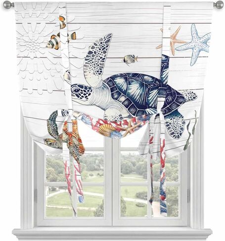 Blue Sea Turtle Coastal Tie Up Curtains for Window, Summer Beach Coral Shell Wooden Thermal Insulated Balloon Shade Adjustable Rod Pocket Curtains Valance Panels for Kitchen Bathroom Café 52'' x 45'' in Saudi Arabia
