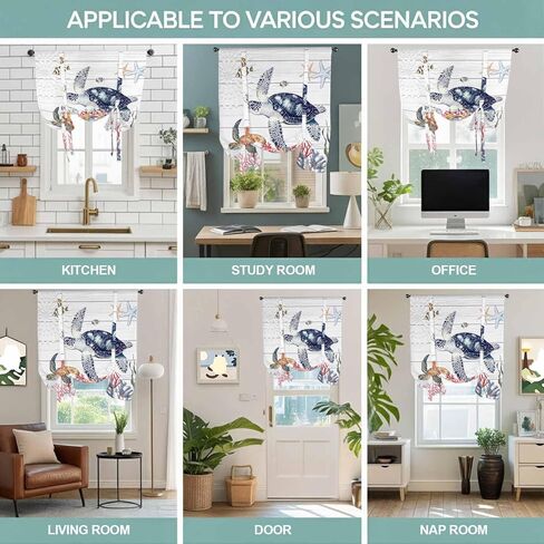 Blue Sea Turtle Coastal Tie Up Curtains for Window, Summer Beach Coral Shell Wooden Thermal Insulated Balloon Shade Adjustable Rod Pocket Curtains Valance Panels for Kitchen Bathroom Café 52'' x 45'' in Saudi Arabia