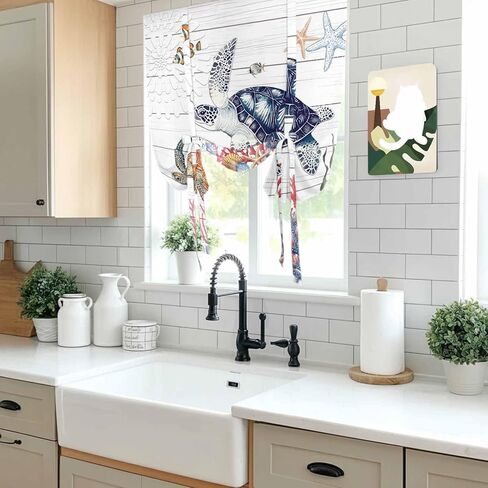 Blue Sea Turtle Coastal Tie Up Curtains for Window, Summer Beach Coral Shell Wooden Thermal Insulated Balloon Shade Adjustable Rod Pocket Curtains Valance Panels for Kitchen Bathroom Café 52'' x 45'' in Saudi Arabia
