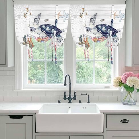 Blue Sea Turtle Coastal Tie Up Curtains for Window, Summer Beach Coral Shell Wooden Thermal Insulated Balloon Shade Adjustable Rod Pocket Curtains Valance Panels for Kitchen Bathroom Café 52'' x 45'' in Saudi Arabia