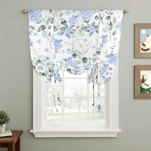 Blue Flower Tie Up Curtains for Window, Sage Green Eucalyptus Leaf Farmhouse Country Thermal Insulated Balloon Shade Adjustable Rod Pocket Curtains Valance Panels for Kitchen Bathroom Café 46'' x 63'' in Saudi Arabia