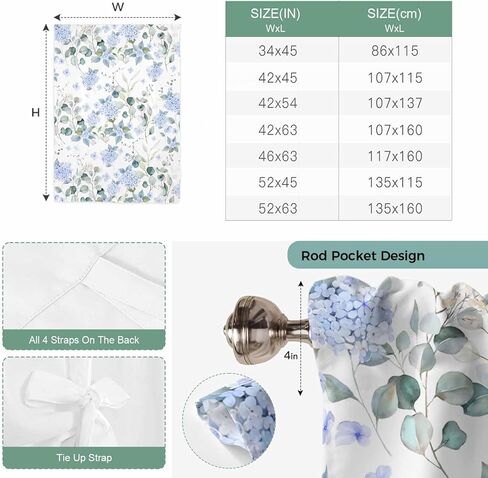 Blue Flower Tie Up Curtains for Window, Sage Green Eucalyptus Leaf Farmhouse Country Thermal Insulated Balloon Shade Adjustable Rod Pocket Curtains Valance Panels for Kitchen Bathroom Café 46'' x 63'' in Saudi Arabia