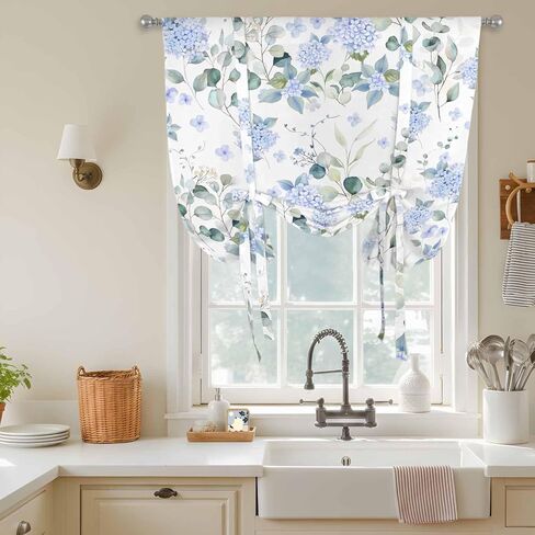 Blue Flower Tie Up Curtains for Window, Sage Green Eucalyptus Leaf Farmhouse Country Thermal Insulated Balloon Shade Adjustable Rod Pocket Curtains Valance Panels for Kitchen Bathroom Café 46'' x 63'' in Saudi Arabia