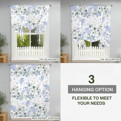 Blue Flower Tie Up Curtains for Window, Sage Green Eucalyptus Leaf Farmhouse Country Thermal Insulated Balloon Shade Adjustable Rod Pocket Curtains Valance Panels for Kitchen Bathroom Café 46'' x 63'' in Saudi Arabia