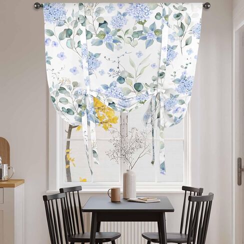 Blue Flower Tie Up Curtains for Window, Sage Green Eucalyptus Leaf Farmhouse Country Thermal Insulated Balloon Shade Adjustable Rod Pocket Curtains Valance Panels for Kitchen Bathroom Café 46'' x 63'' in Saudi Arabia