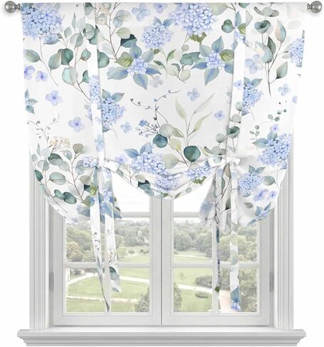 Blue Flower Tie Up Curtains for Window, Sage Green Eucalyptus Leaf Farmhouse Country Thermal Insulated Balloon Shade Adjustable Rod Pocket Curtains Valance Panels for Kitchen Bathroom Café 46'' x 63'' in Saudi Arabia