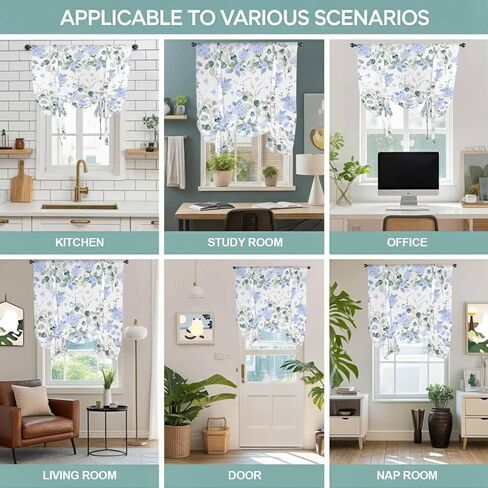 Blue Flower Tie Up Curtains for Window, Sage Green Eucalyptus Leaf Farmhouse Country Thermal Insulated Balloon Shade Adjustable Rod Pocket Curtains Valance Panels for Kitchen Bathroom Café 46'' x 63'' in Saudi Arabia