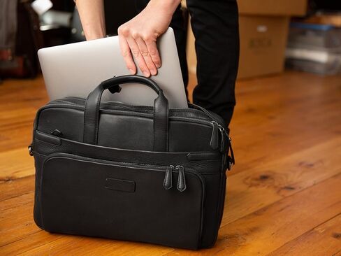حقيبة كمبيوتر محمول من جلد نابا للرجال من Bosca Nappa - حقيبة عمل خفيفة للغاية مع حماية RFID، تناسب كمبيوتر محمول مقاس 15 بوصة، جلد ناعم محبب بالكامل، حزام سفر - طراز ماسنجر أنيق للرجال باللون الأسود in Saudi Arabia
