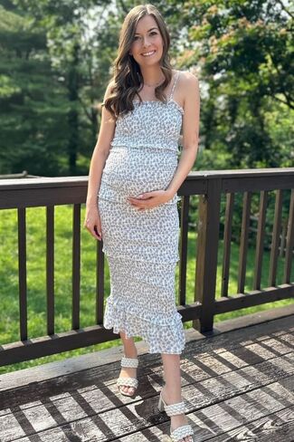 PinkBlush Floral Chiffon Smocked Tiered Square Neck Maternity Midi Dress in Saudi Arabia